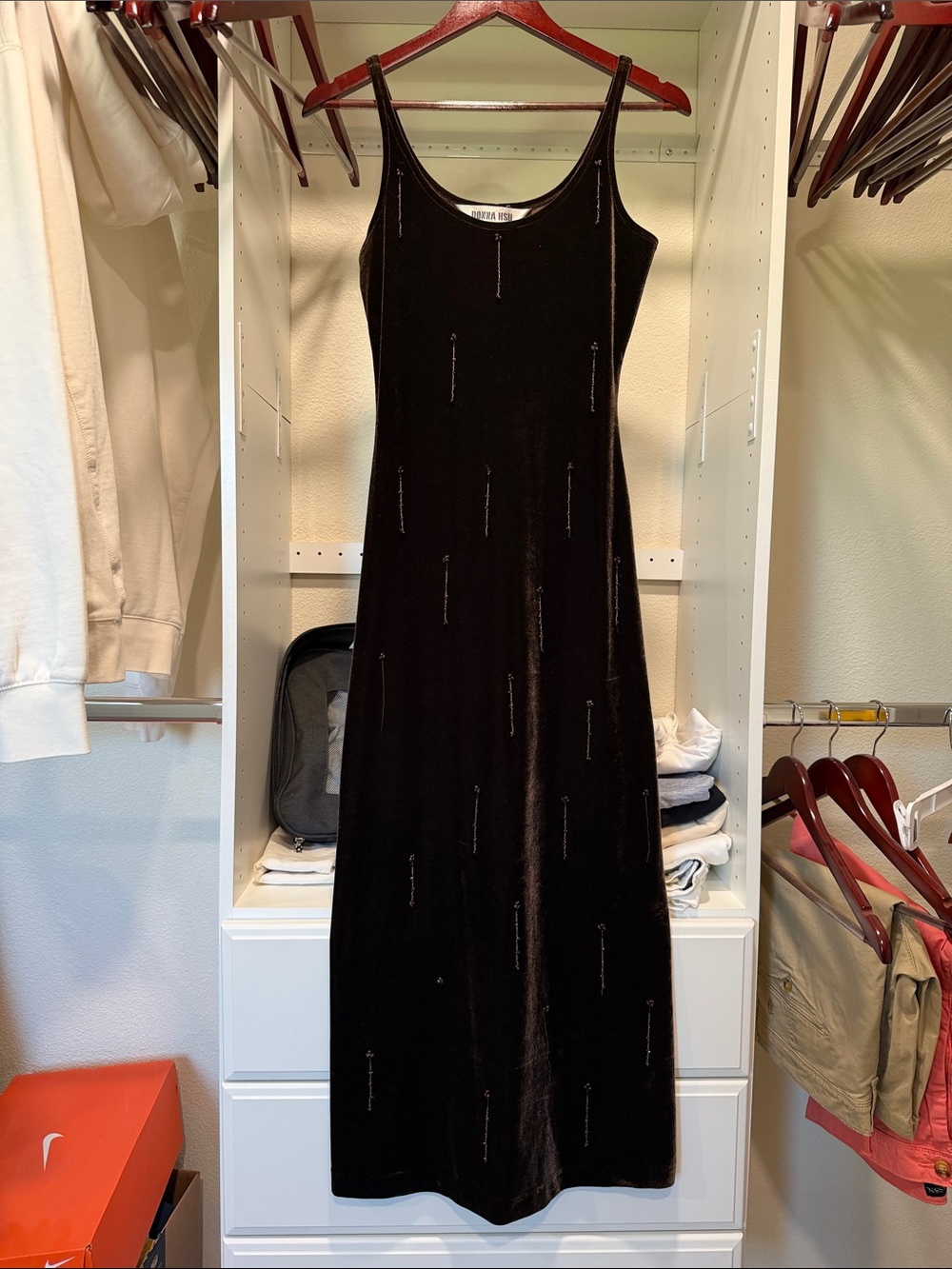 Vintage Brown Velvet Beaded Fringe Maxi Dress